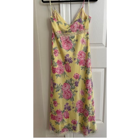 WAYF Floral Yellow Midi Slip Dress Large Pink Roses - Picture 3 of 7